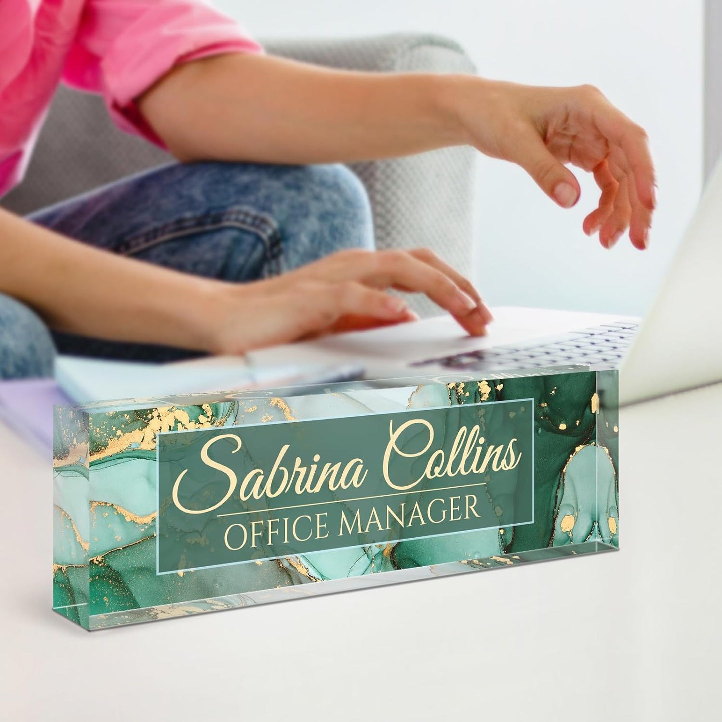 Name Plate for Desk, Desk Name Plate Personalized, Office Decor for Women Men, Acrylic Desktop Accessories, Office Gifts for Boss Nurse Teacher Coworker, Employee Appreciation Gift (Green Coast B)