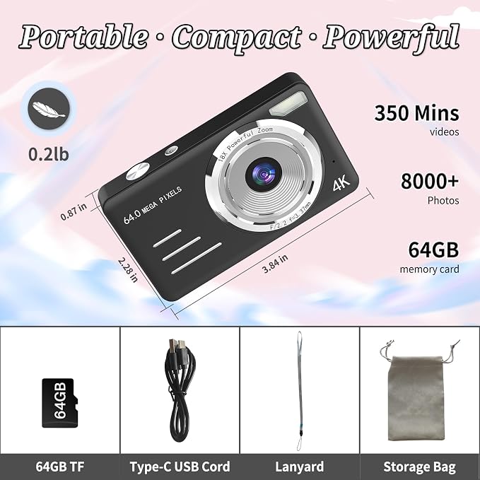 Forc Digital Camera, FHD 4K 64MP Point and Shoot Kids Digital Cameras - Image 7