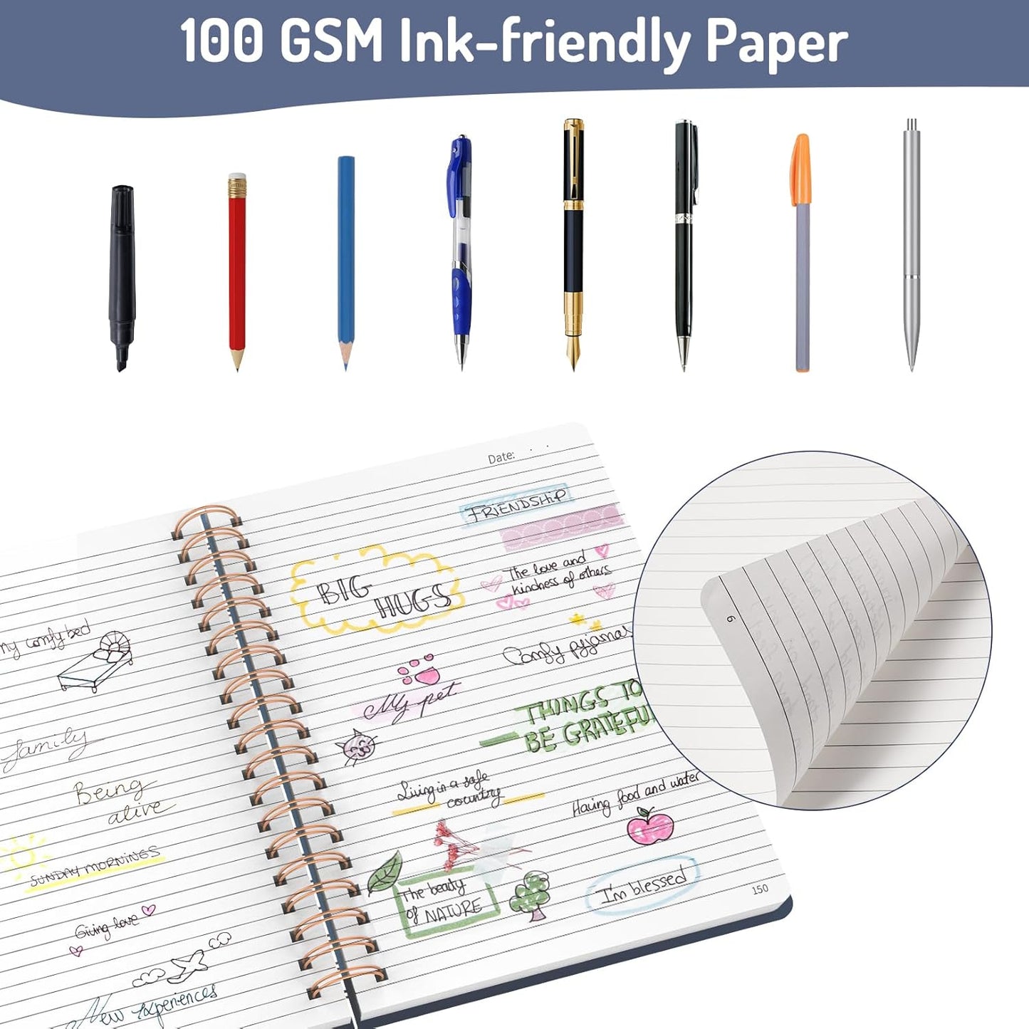Forvencer A4 Lined Spiral Journal Notebook with 300 Numbered Pages, 11" X 8.5" College Ruled Thick Journals for Writing with 100GSM Paper, Hardcover Notebooks with Contents for Work, School, Navy
