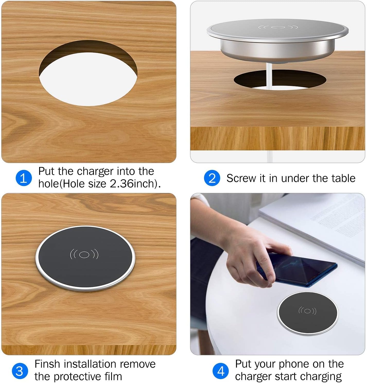 i.VALUX Desk Wireless Charger, 15W Fast Charging Pad for iPhone 17/16/15/14/13/12/11/Pro/Xs Max/XR/AirPods/Samsung Galaxy 10/S10+/S9,Hidden Embed in Furniture Desk Grommet Hole Qi Charger Station