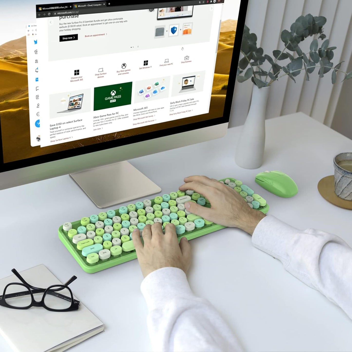 MOFII Wireless Keyboard and Mouse Combo, Retro Green 2.4GHz Full Size Colorful Keyboards with Round Keycaps, Cute Wireless Mouse for Laptop, PC, Chromebook, Smart TV, Computer, Windows