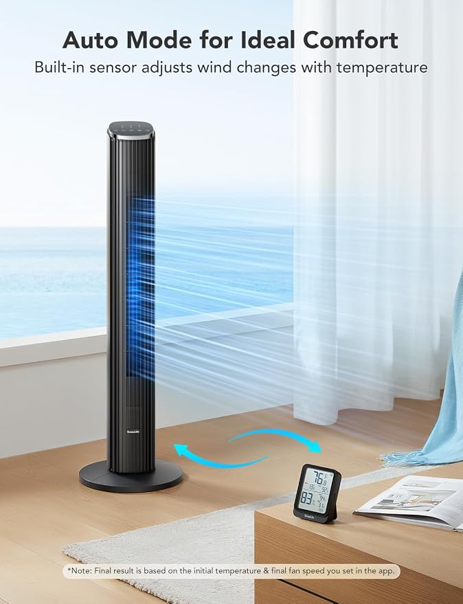 GoveeLife Black Tower Fan for Bedroom, Temperature Sensor, 5 Modes 8 Speeds - Image 8
