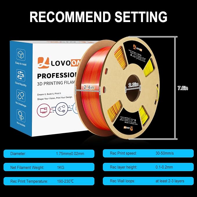LOVOON 3D Tri-Colors PLA Printer Filament 1.75mm, Silk PLA Red Yellow Blue - Image 6