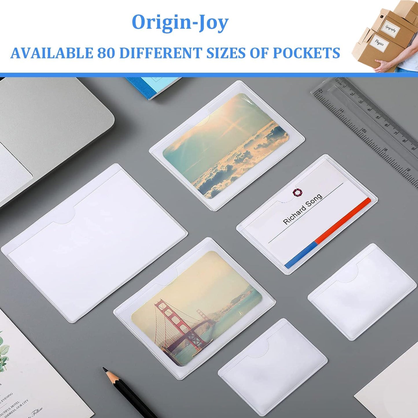Origin-Joy 25 PCS Self-Adhesive Index Label Pockets, Clear Plastic Peel & Stick Card Holders with Top Open for Loading (5 x 2.5 inch)