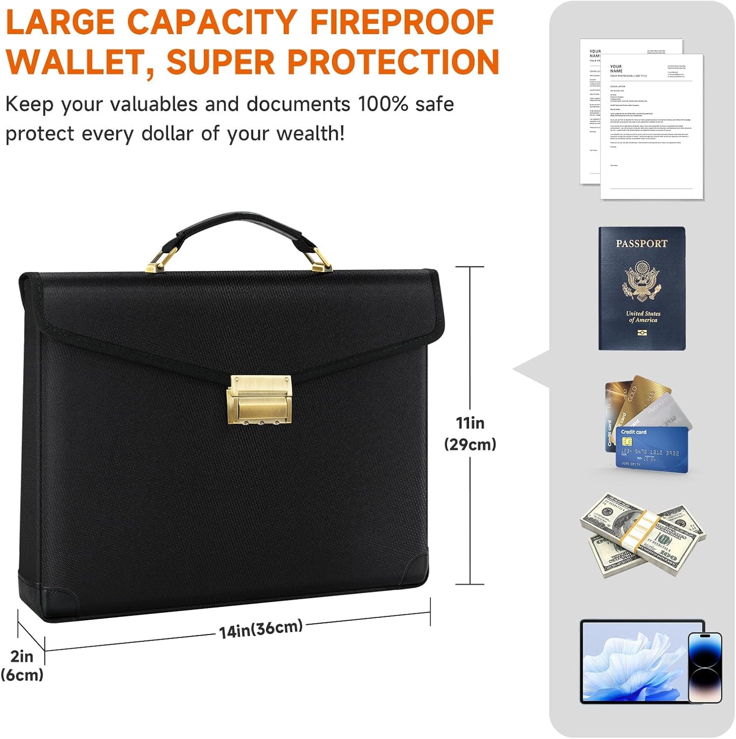 Upgraded 6500°F Fireproof Document Bag with Lock,14.2"x10"x2.3''Fire Proof Money Bag with Zipper,10 Layer of Heat Insulated Material, Water Resistant Fireproof Bags for Documents,Safe Bags