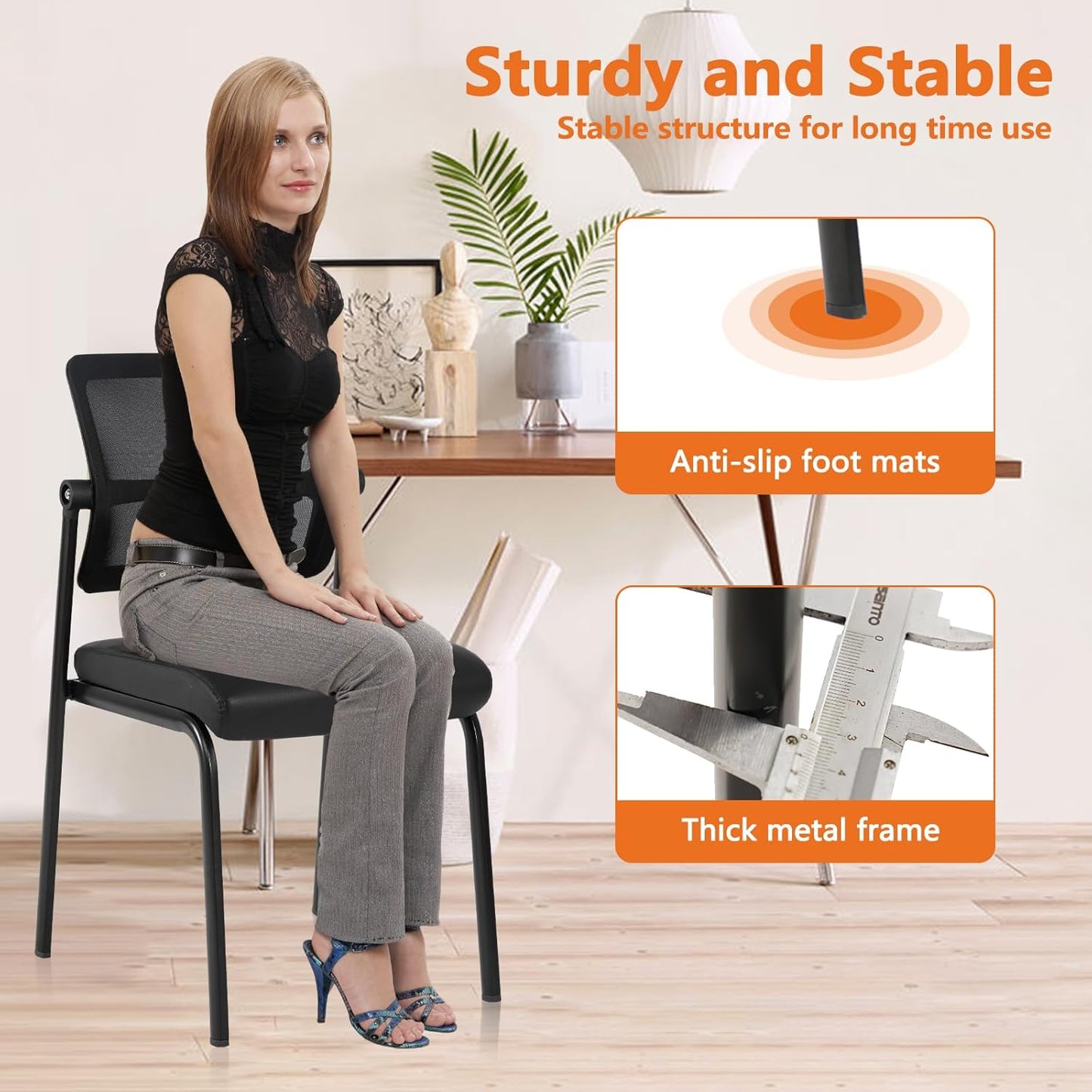 CLATINA Stacking Waiting Room Chairs, Adjustable Mesh Backrest Armless Office Guest Reception Chair with Leather Cushion and Ergonomic Lumbar Support for Conference Lobby Side School Classroom, 4PK