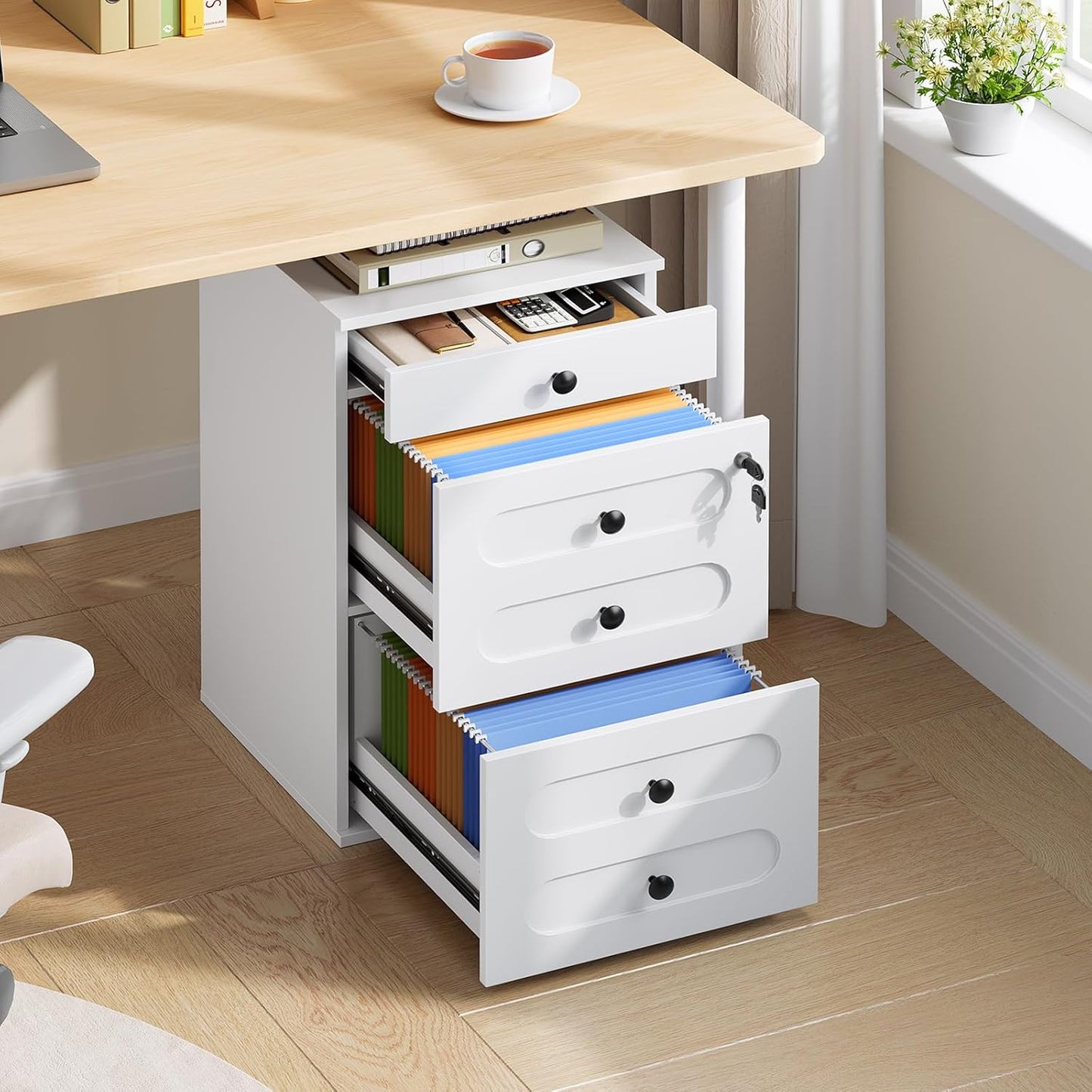 HOOBRO 3 Drawer File Cabinet with Lock, Wooden Farmhouse Office Storage Cabinet, Under Desk Mobile Filing Cabinet fits Letter / A4 Size for Home Office, Modern Rolling Printer Cart, White WT32WJ01