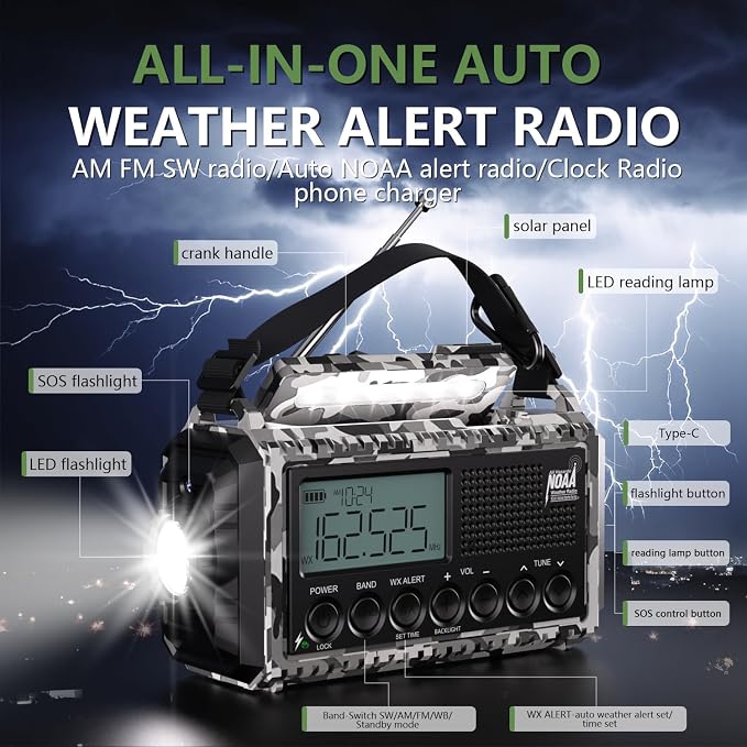 Emergency Radio 12000mAh AUTO NOAA Weather Radio, Solar Hand Crank Portable - Image 8