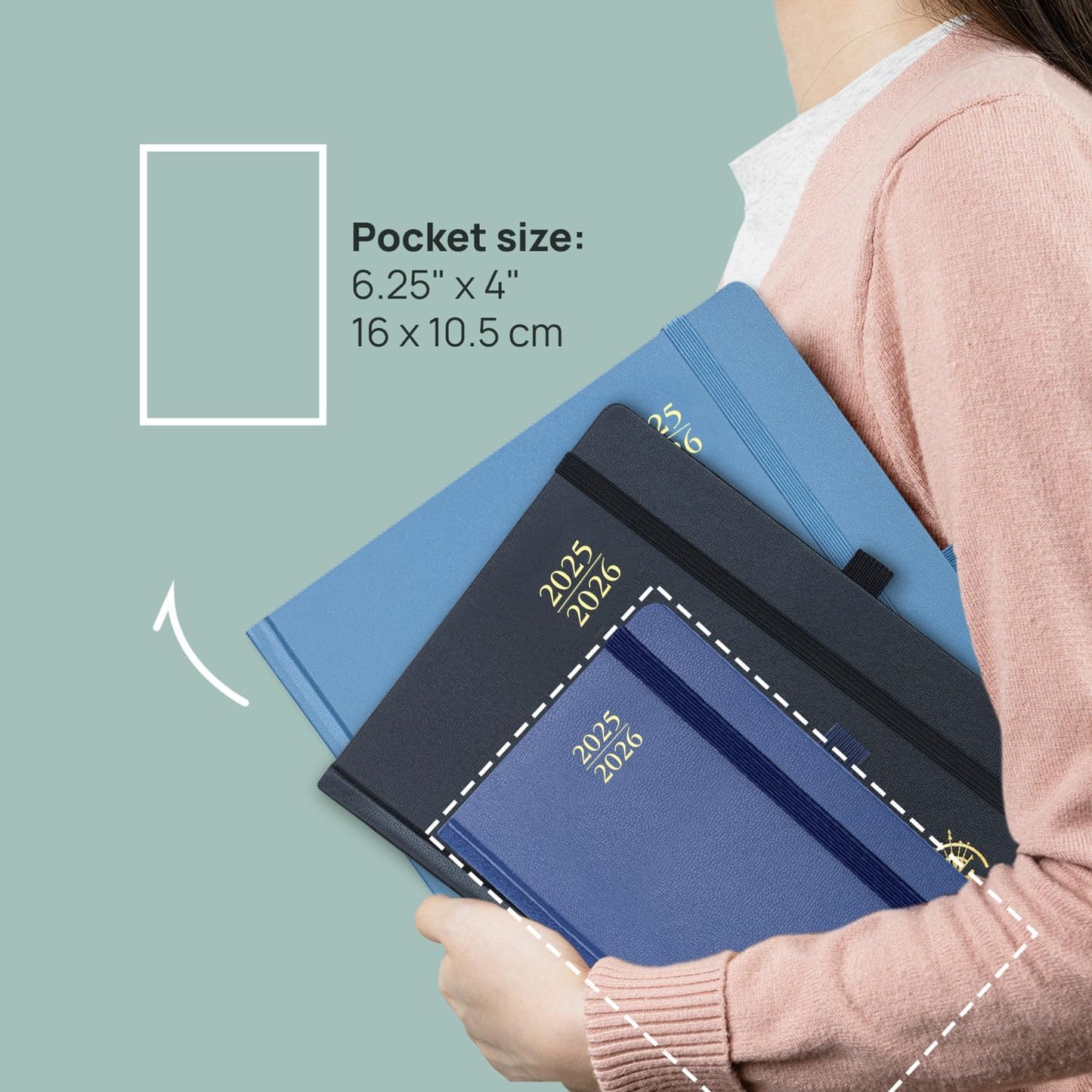 POPRUN Pocket Planner 2025-2026, (Purse Size 4''x 6.25'' Hard Cover) Academic Year Calendar Daily Weekly and Monthly (July 25-June 26) with Hourly Time Slots, 100 GSM Paper - Midnight Green