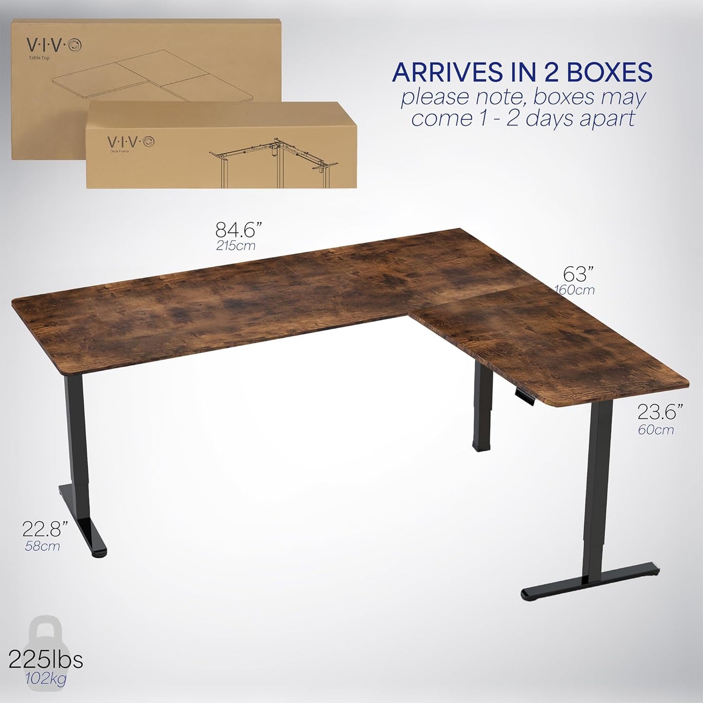 VIVO Electric Corner L-Shaped 84 x 63 in Rustic Standing Desk, Memory Height Adjustment, Vintage Brown Top Black Frame, DESK-E3CTBN-84