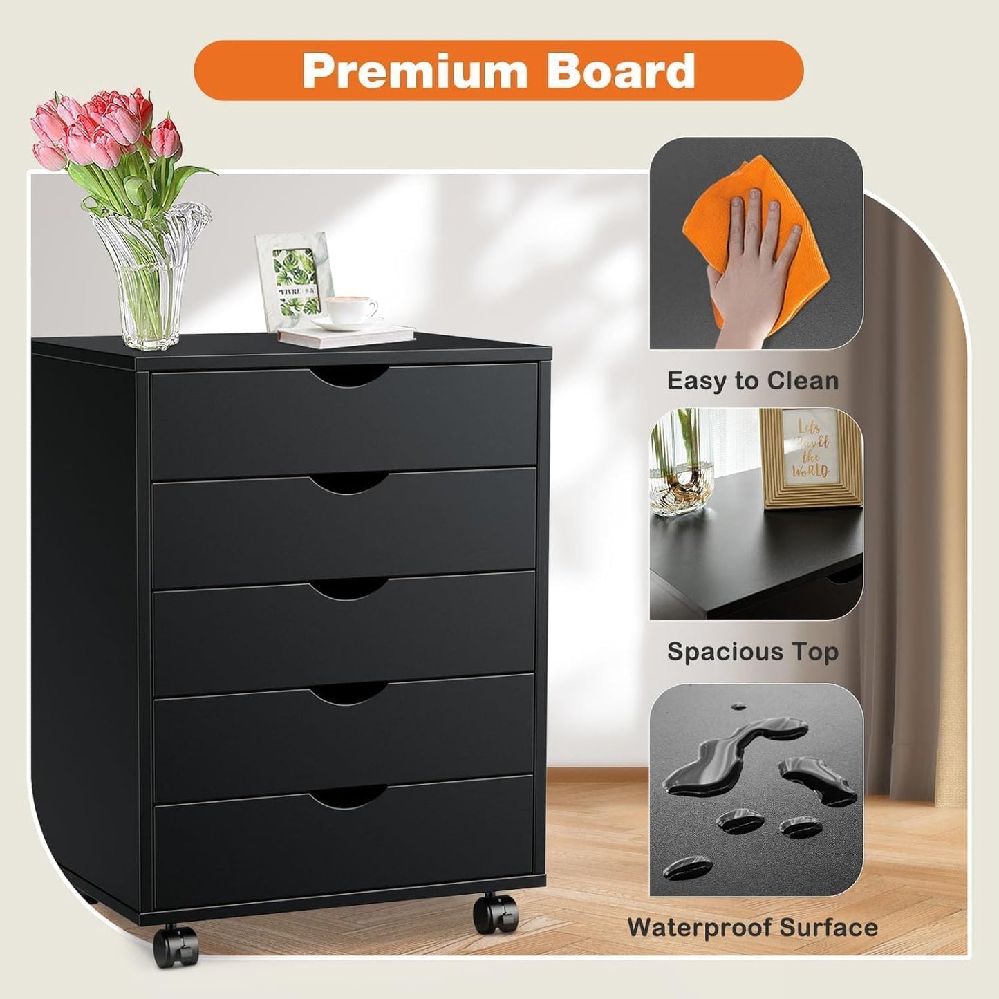 5 Drawer Chest, Dressers Storage Cabinets Wooden Dresser Mobile Cabinet with Wheels Room Organizer, Small Drawers Wood Organization Furniture for Office, Home