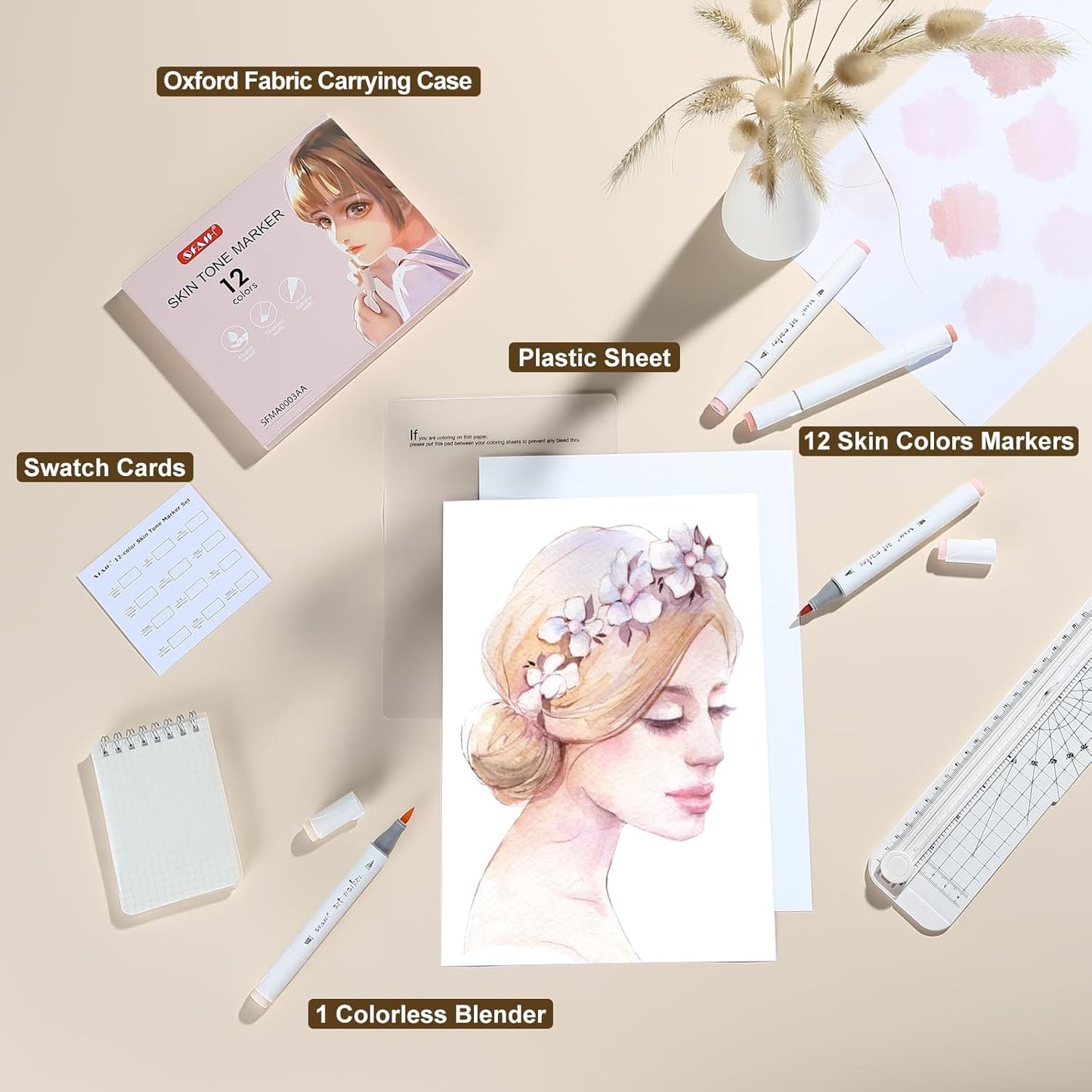 SFAIH Light Skin Tone Marker Pens 11 Colors + Mixed Color 0 - Dual Brush & Chisel Tips Art Marker Set for Portraits Coloring Drawing