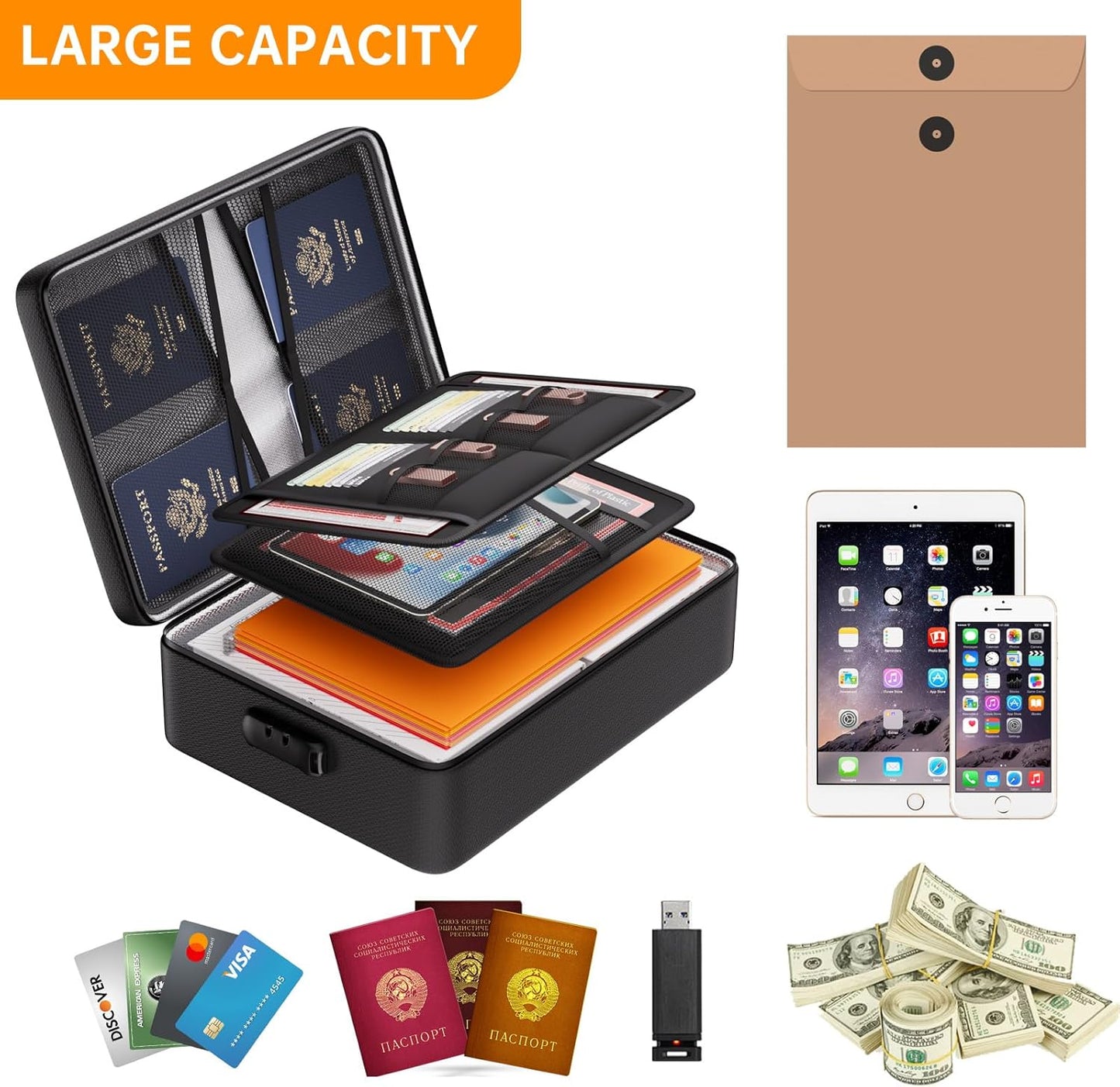 DocSafe 5200°F Document Organizer with Lock,Upgraded Heat Insulated Fireproof&Waterproof Box 8 Layers File Organizer,Portable Home Travel Safe Storage for Important Documents, Files and More