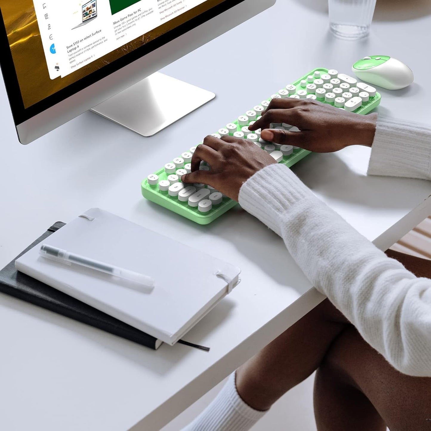 Wireless Keyboard and Mouse Combo, MOWUX Full Size Typewriter Retro Round Computer Keyboard, Mouse Wireless, Plug and Play, for Laptop, PC, Computer- Green