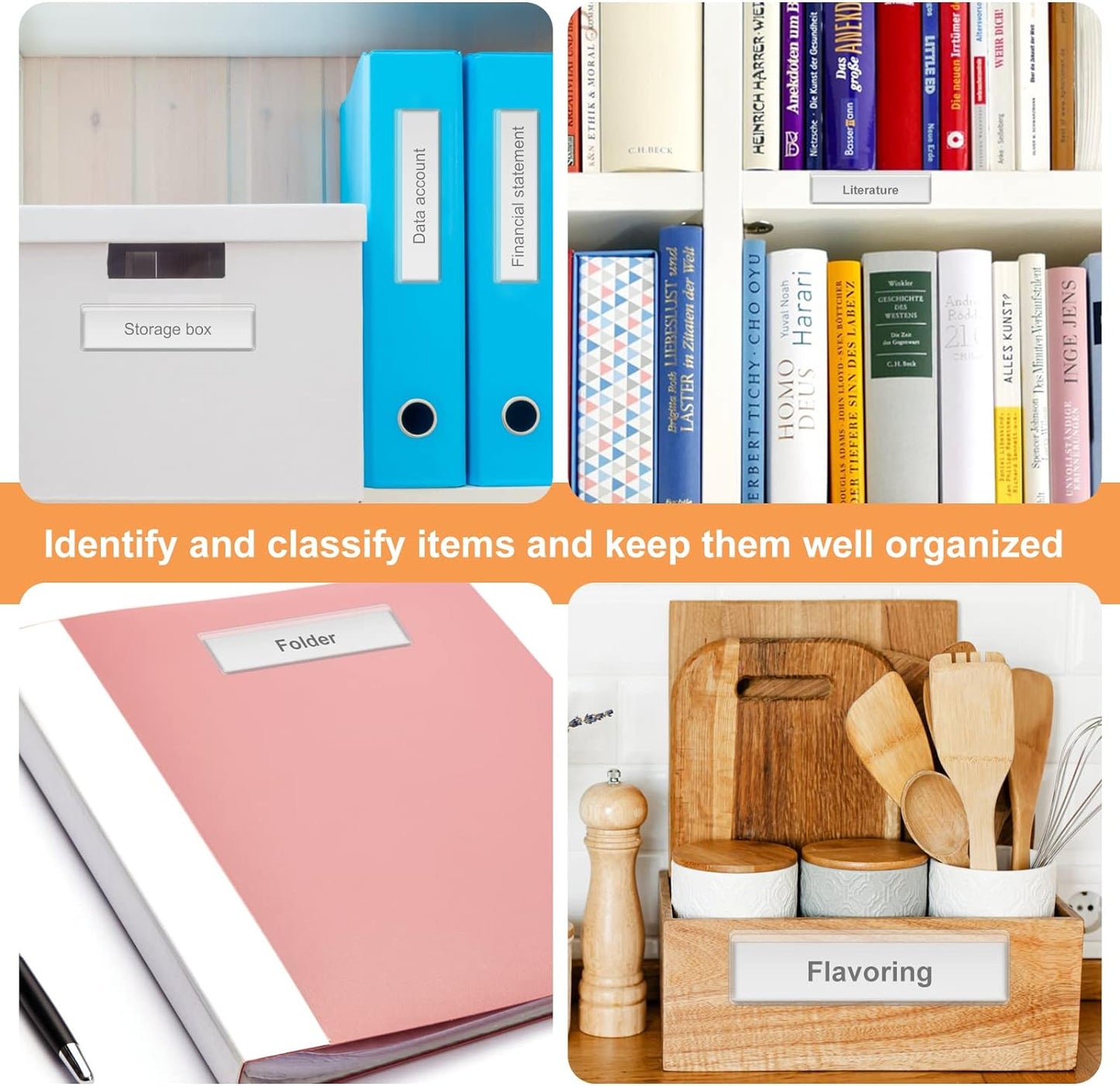 Label Holders Adhesive Shelf Tags - Fushing 50Pcs Clear Plastic Labels for Storage Bins with Name Label Badge Inserts, Removable Adhesive Pockets for Shelf Mailbox Binders Drawers Cabinets Organizer