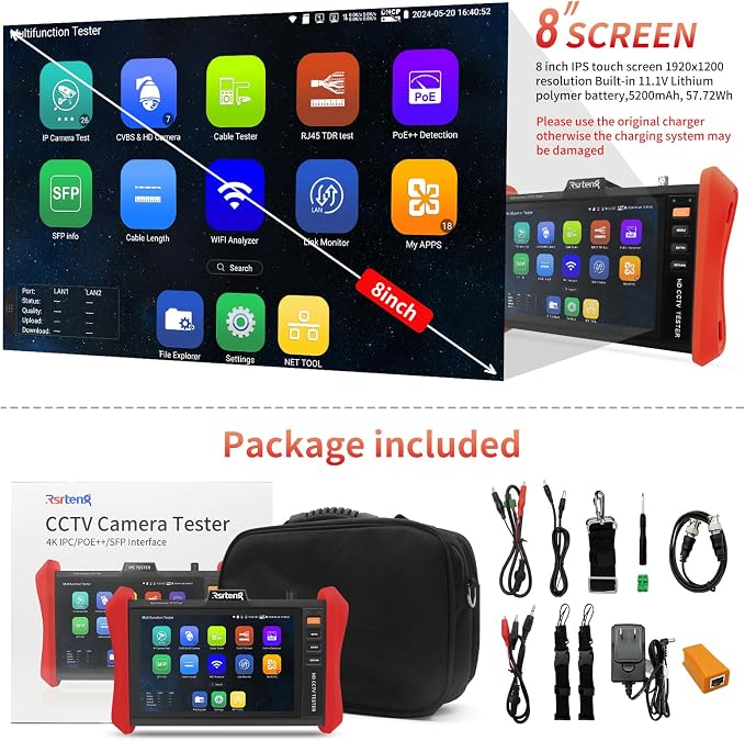 Rsrteng CCTV Tester 4K 12MP IP Camera Tester POE++ Max 90W POE Camera Test 8" - Image 8