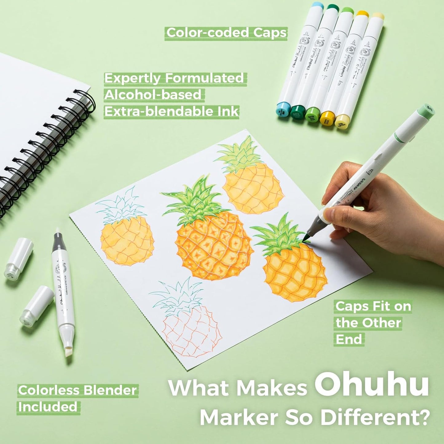Ohuhu Alcohol Markers Brush Tip - Double Tipped Art Marker Set for Artist Illustration - 72 Colors - Chisel & Brush Dual Tips - Honolulu - Refillable