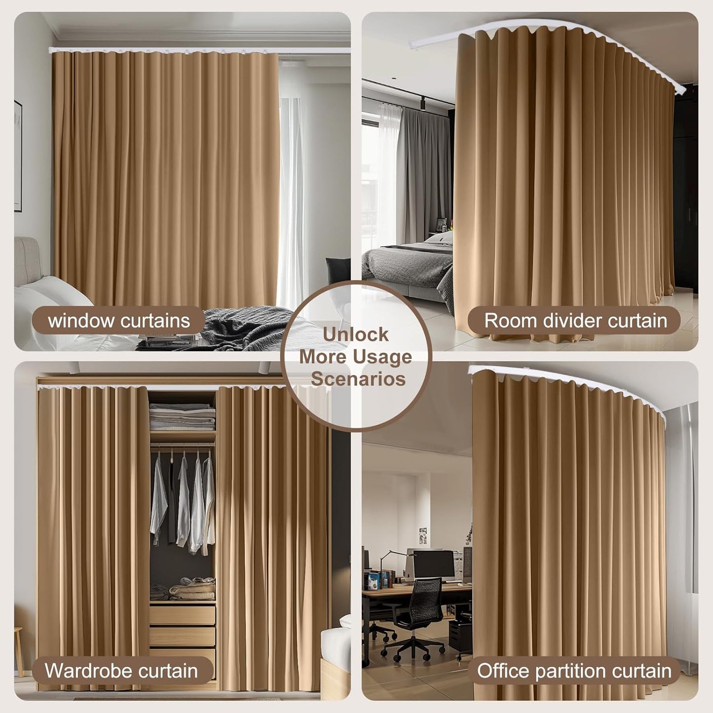 Room Divider Curtains & Flexible Bendable Tracks Set,Privacy Dividers Ceiling Track Curtain Window Blackout Curtains for Living Room Bedroom (W150 × H96 in 1 Panel Khaki Drape & White Rail)