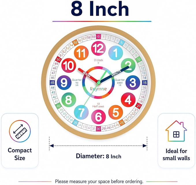 Roymnie Wall Clock Battery Operated Silent Non Ticking Teaching Time Analog - Image 9