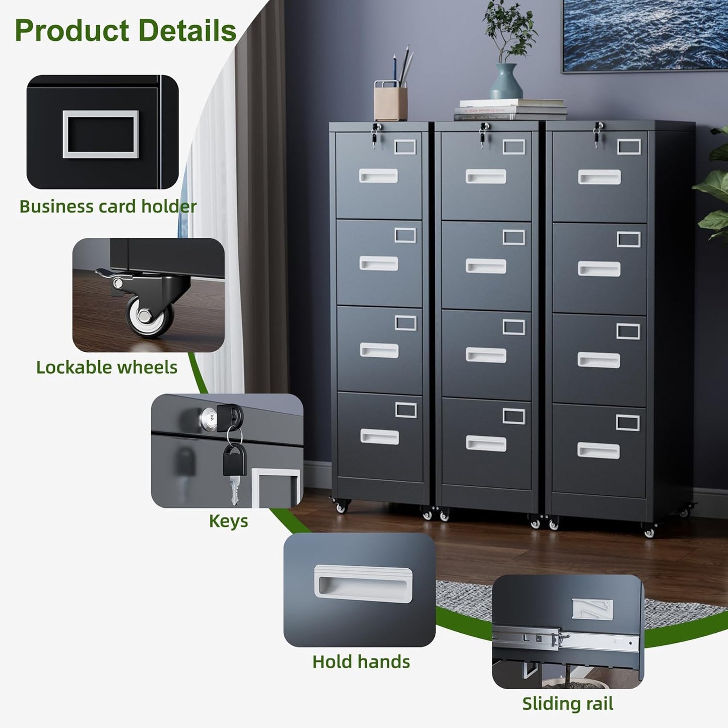 Aobabo File Cabinet 4 Drawer with Wheels, Lockable Office Metal Filing Cabinet with Name Card for Office and Home,Assembly Required,Black