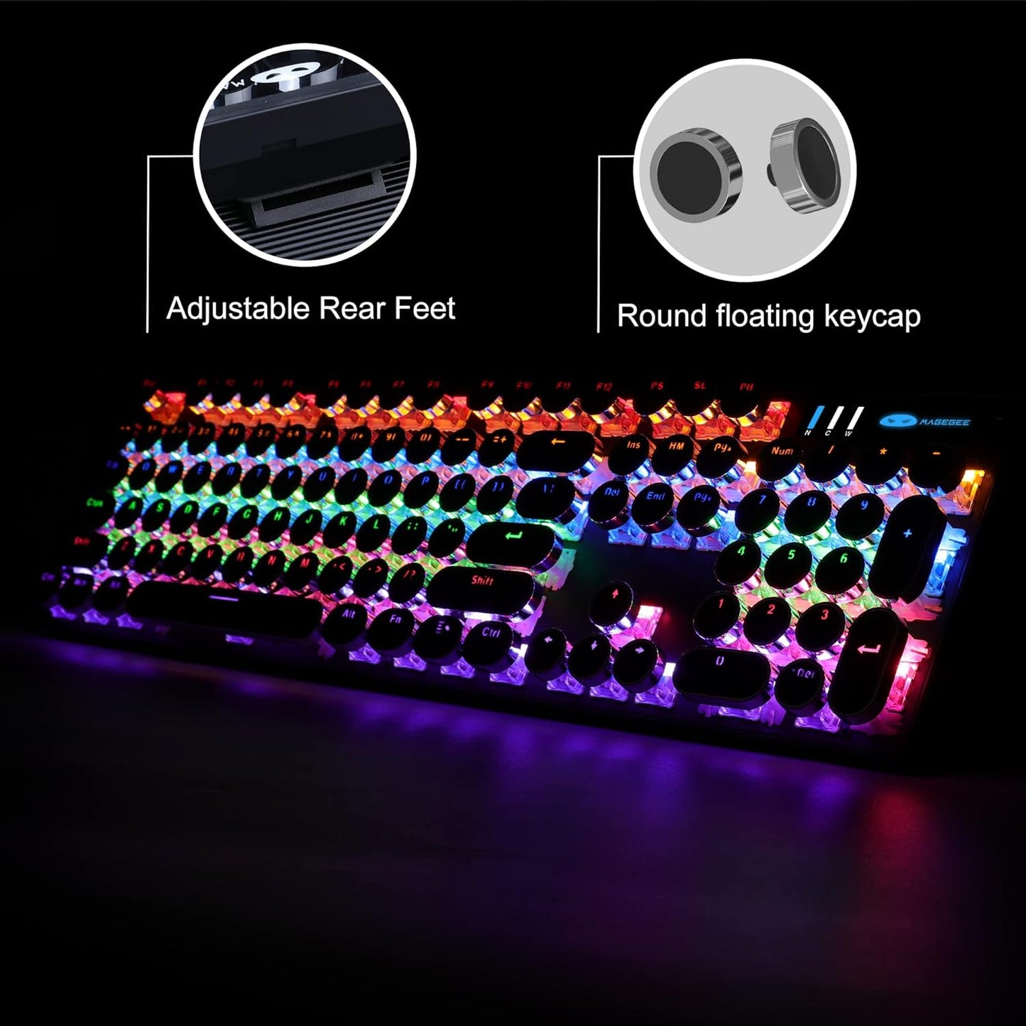 Camiysn Typewriter Style Mechanical Gaming Keyboard, Black Retro Punk Gaming Keyboard with RGB Backlit, 104 Keys Blue Switch Wired Cute Keyboards, Round Keycaps for Windows/Mac/PC
