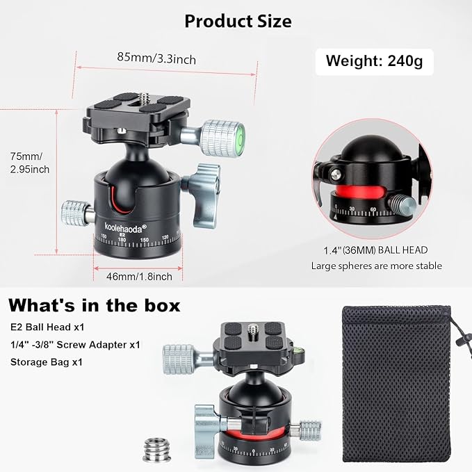 Koolehaoda Low Profile Ball Head, Panorama Tripod Head Arca Swiss QR Plate | - Image 8