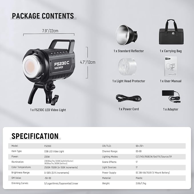 NEEWER 230W High Power RGB LED Video Light, APP/2.4G Control, 2500K-7500K - Image 9