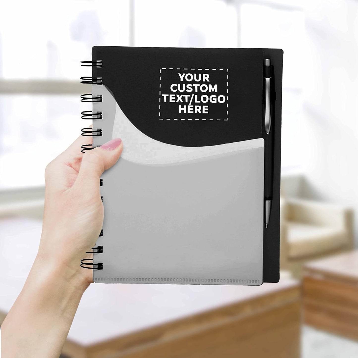 DISCOUNT PROMOS Custom Spiral Notebooks with Front Pocket Set of 10, Personalized Bulk Pack - Durable Plastic Cover, Includes Matching Pen in Blank Ink, Perfect for School, Office, Home - Black