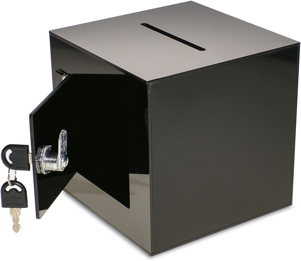 Source One Premium Acrylic Cube Donation Box with Deluxe Rear Open Door and Cam Lock Suggestion Box (6 Inch, Black)