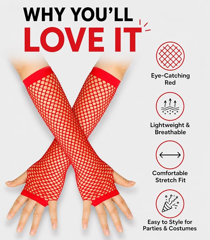 Seeksmile Women's Girls 80's Theme Party Emo Fingerless Arm Fishnet Gloves - Image 6