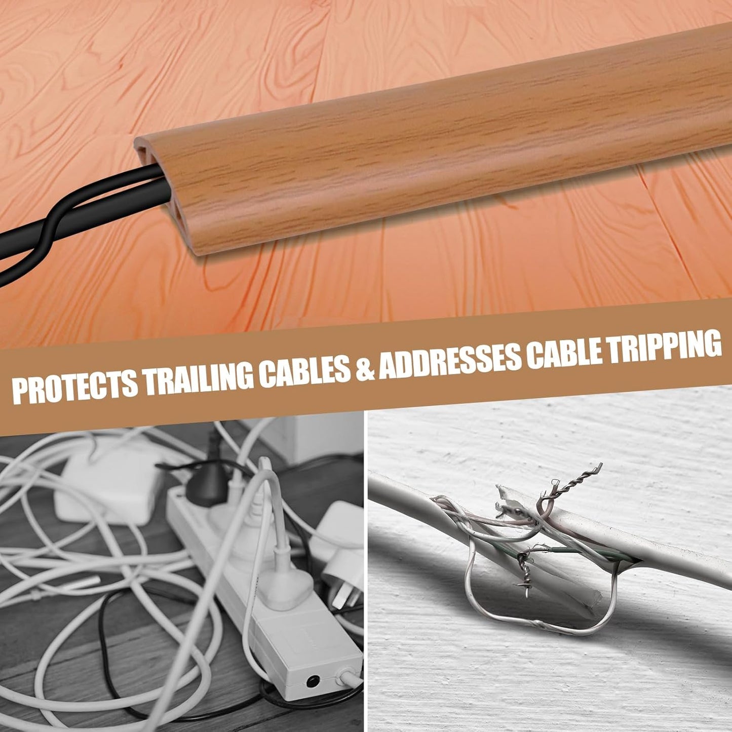 Floor Cord Cover Self Adhesive Cord Hider,20FT Cable Management, Extension Strip Protector for Wires, Prevent Cable Trips for Offices, Gyms, Exhibitions Cavity:0.47"(W) x 0.35"(H) Brown Wood