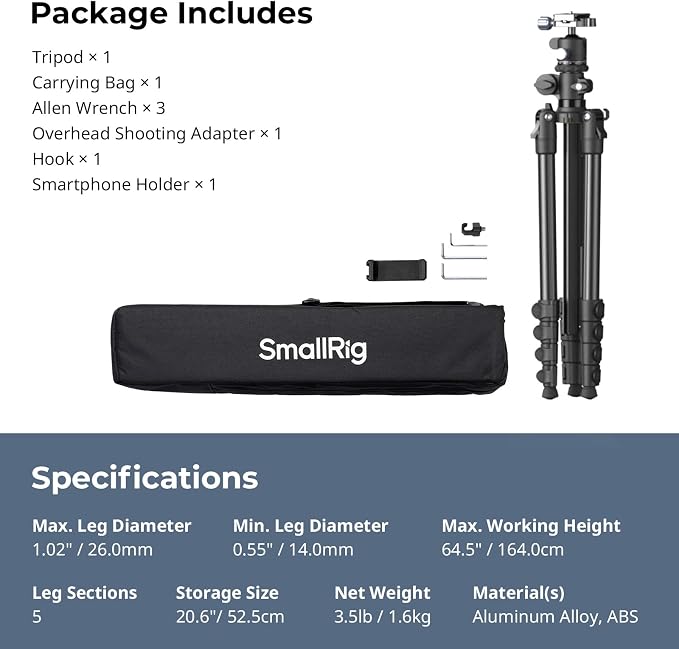SmallRig CT25 64.5"/164cm Horizontal Overhead Tripod - Image 9