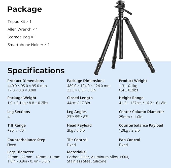 SmallRig CT150 Carbon Fiber Travel Video Tripod, 61.8'' Max Load 3kg / 6.6lb - Image 8