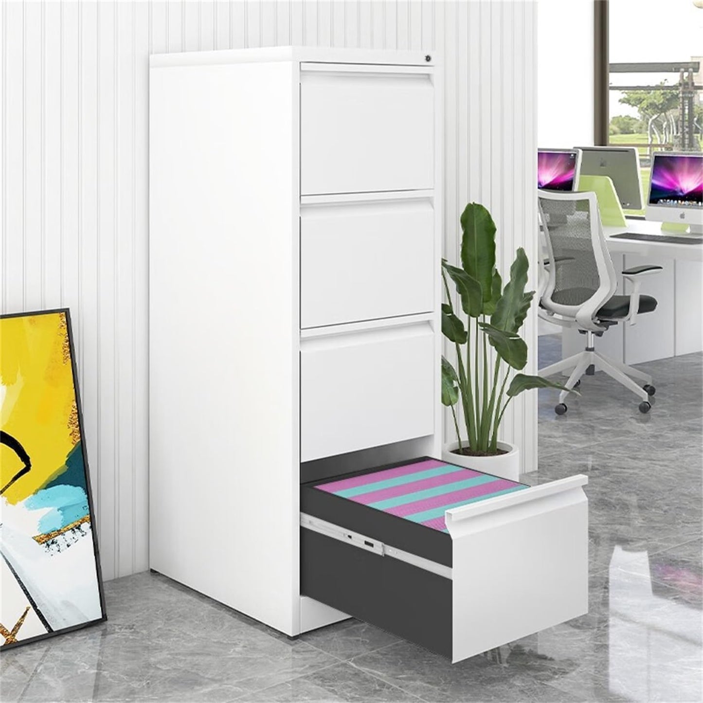 4 Drawer File Cabinet with Lock, Vertical File Cabinets for Home Office, Metal Filing Cabinets, Heavy Duty Steel Lockable Filing Storage Cabinet for Letter/Legal/A4/F4 Size Files, White