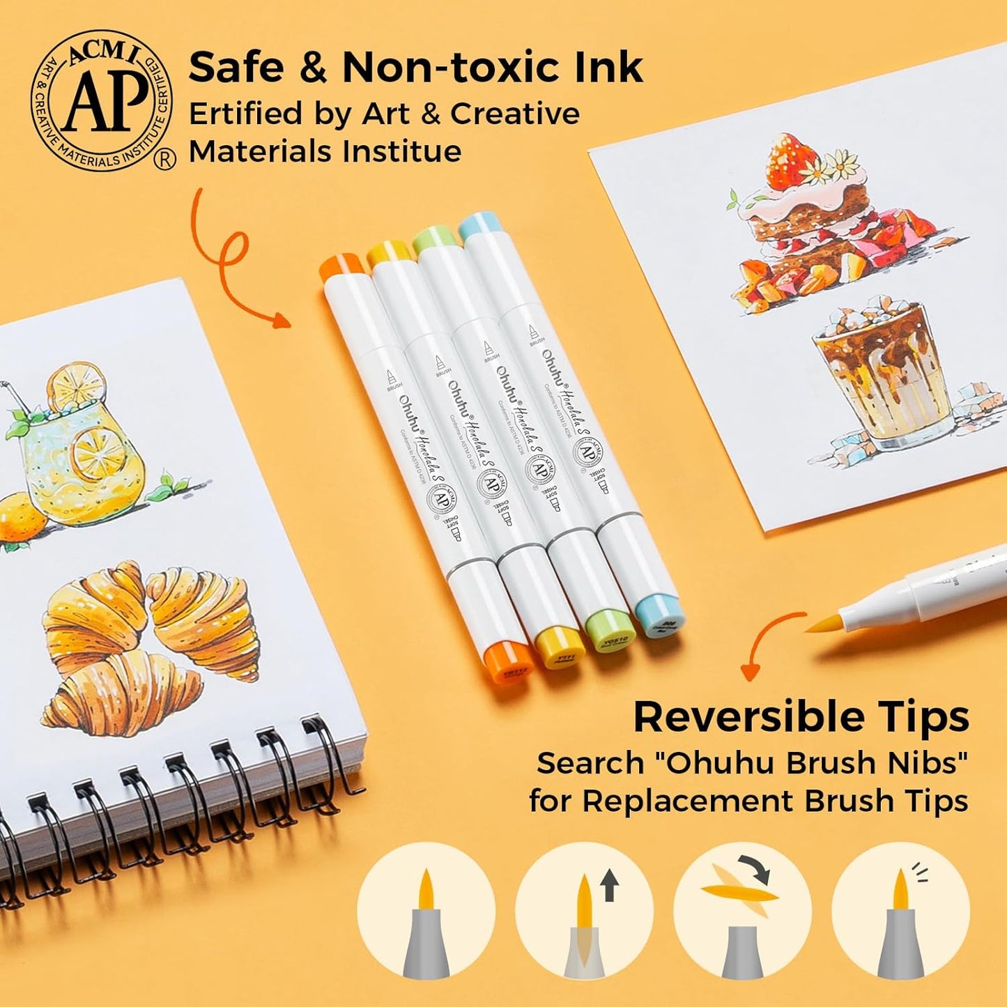 Ohuhu Alcohol Markers: Soft Chisel Red Dot Design Award Winner 48-color Brush & Soft Chisel Dual Tips Drawing Markers for Artists Beginners Adults Coloring Illustration Sketching - Honolulu S