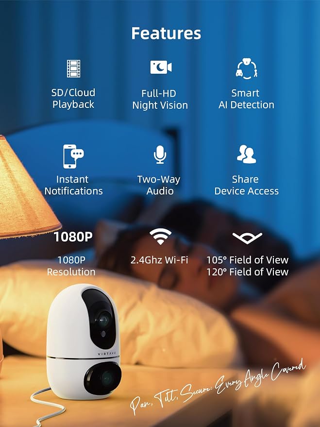 VIRTAVO Indoor Pet & Baby Camera, No Subscription Required, Dual-Lens 360° PTZ - Image 9