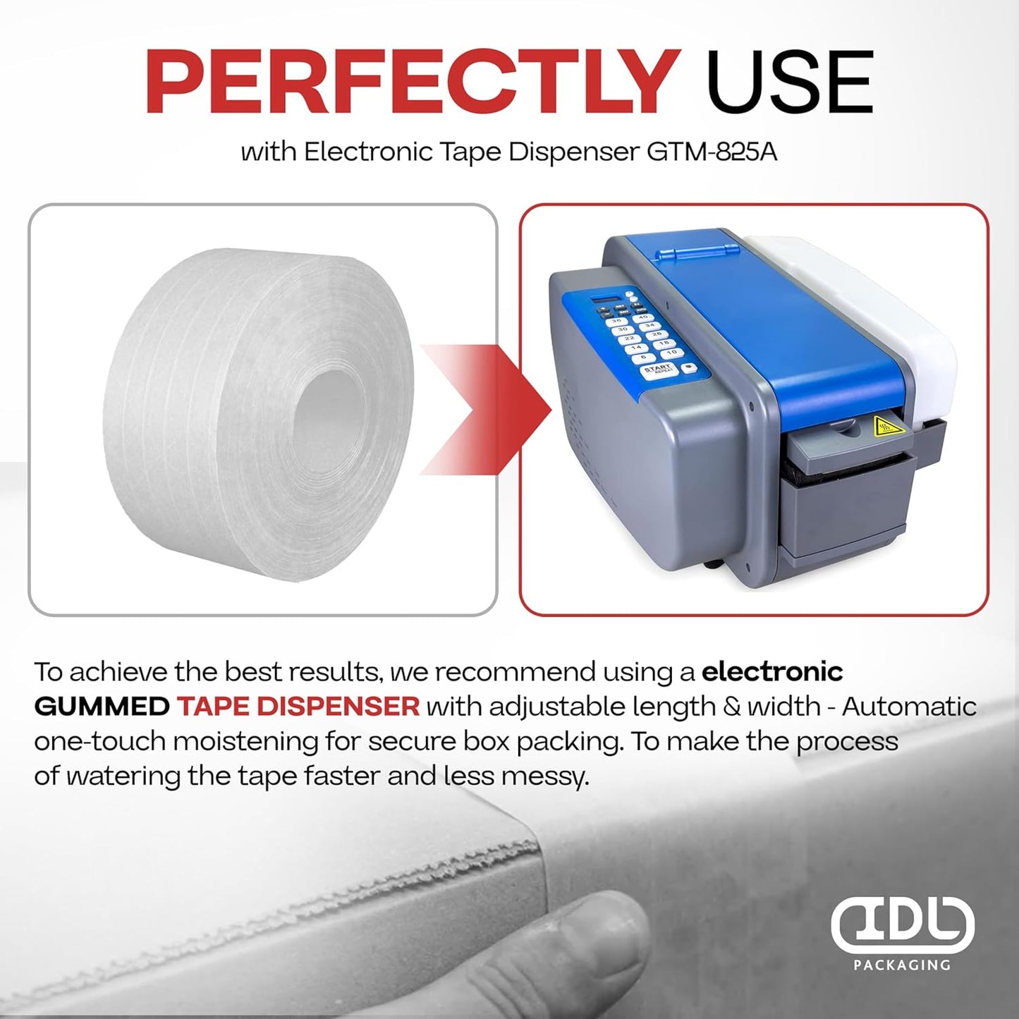 IDL Packaging 2.83" x 450 feet Reinforced Water-Activated Kraft Gummed Tape 30lb Thickness - Secure Paper Packing Tape for Secure Carton Sealing - Heavy-Duty for All Conditions, White