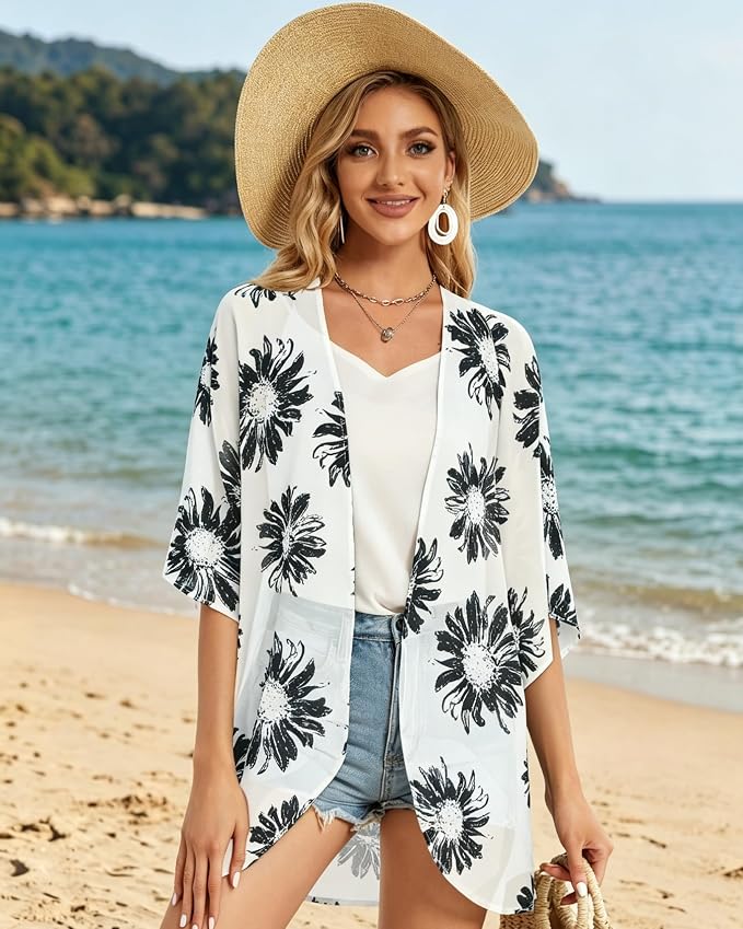 Women's Floral Print Puff Sleeve Kimono Cardigan Loose Cover Up Casual Blouse - Image 7