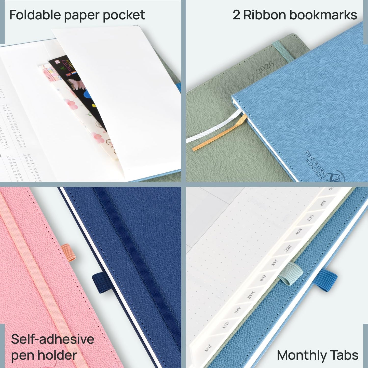 POPRUN Weekly Planner 2026 Calendar (Large 8.5" x 10.5") 12 Months Notebook with Horizontal Layout, Leather Hardcover, Inner Pocket, 100GSM Thick Paper, Pen Holder - Navy Blue