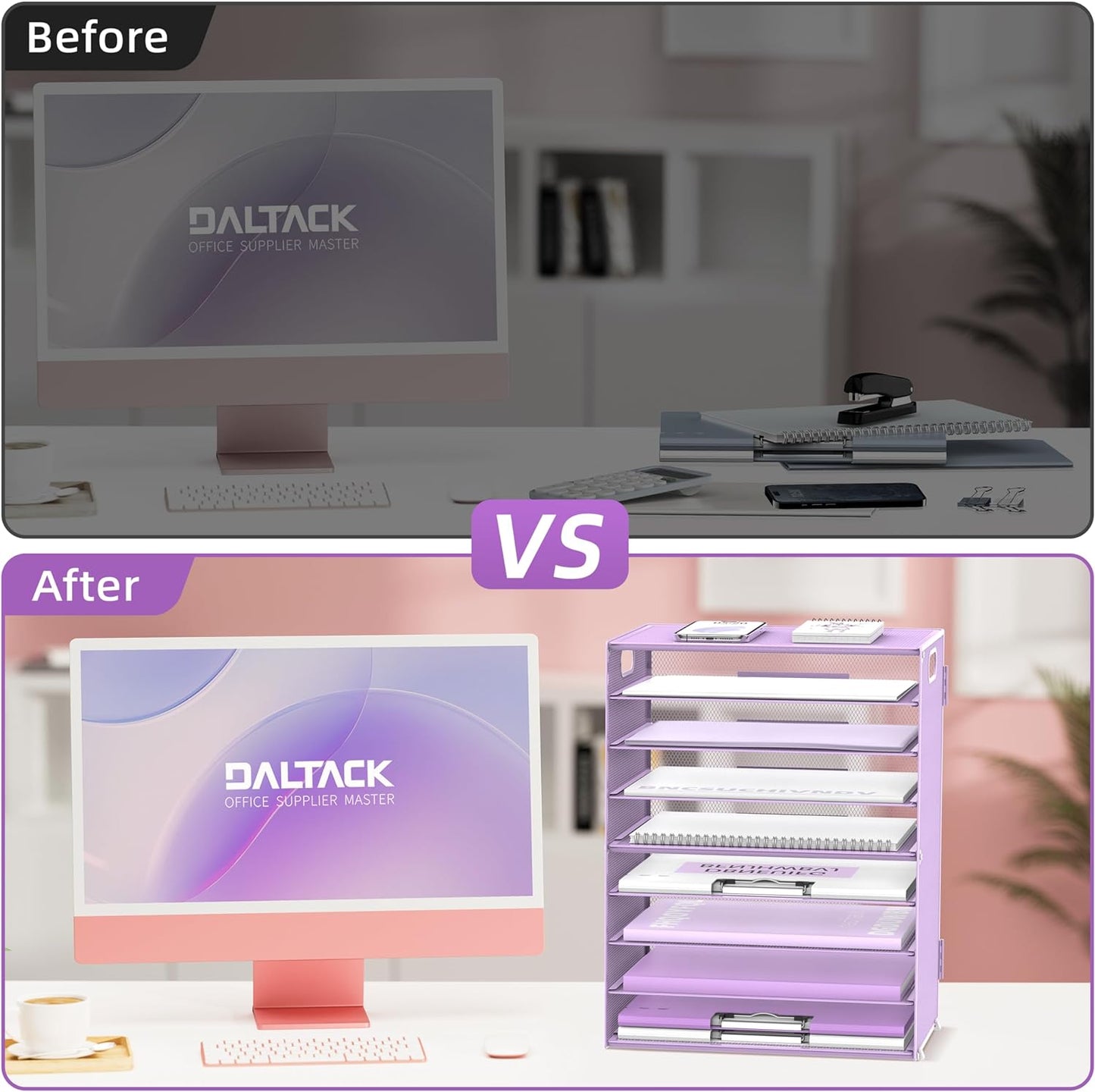 DALTACK 9-Tier Paper Letter Tray Desk Organizer with Handles, Mesh File Holder Organization, Paper Sorter Desk Organizer for Office Home School, Purple