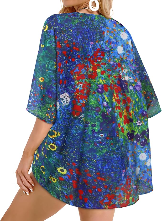 Women's Floral Print Puff Sleeve Kimono Cardigan Loose Cover Up Casual Blouse - Image 6
