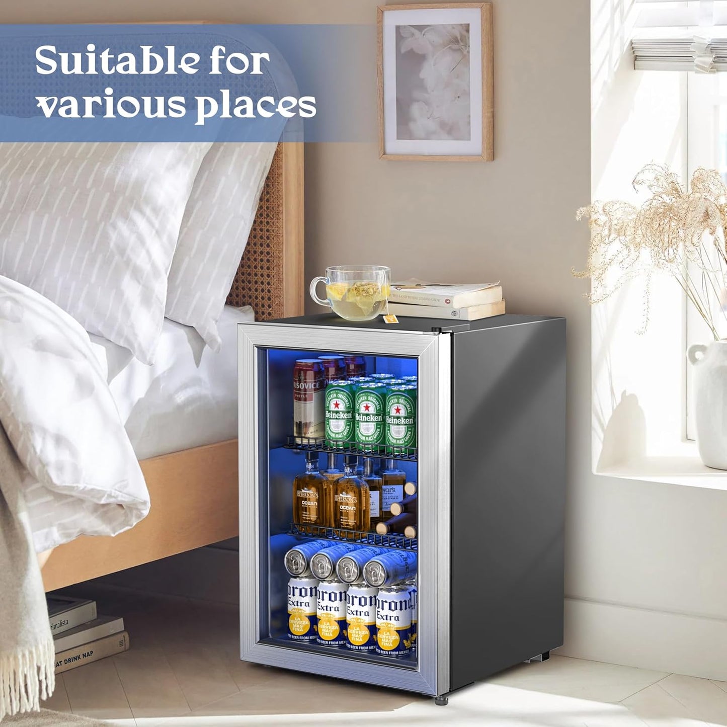 Beverage Refrigerator and Cooler, Freestanding Drink Dispenser for Soda Beer or Wine,90 Can Mini Fridge with Glass Door,Digital Temperature Control,Home, Bar, Office (Silver, 2.48 Cu.Ft)