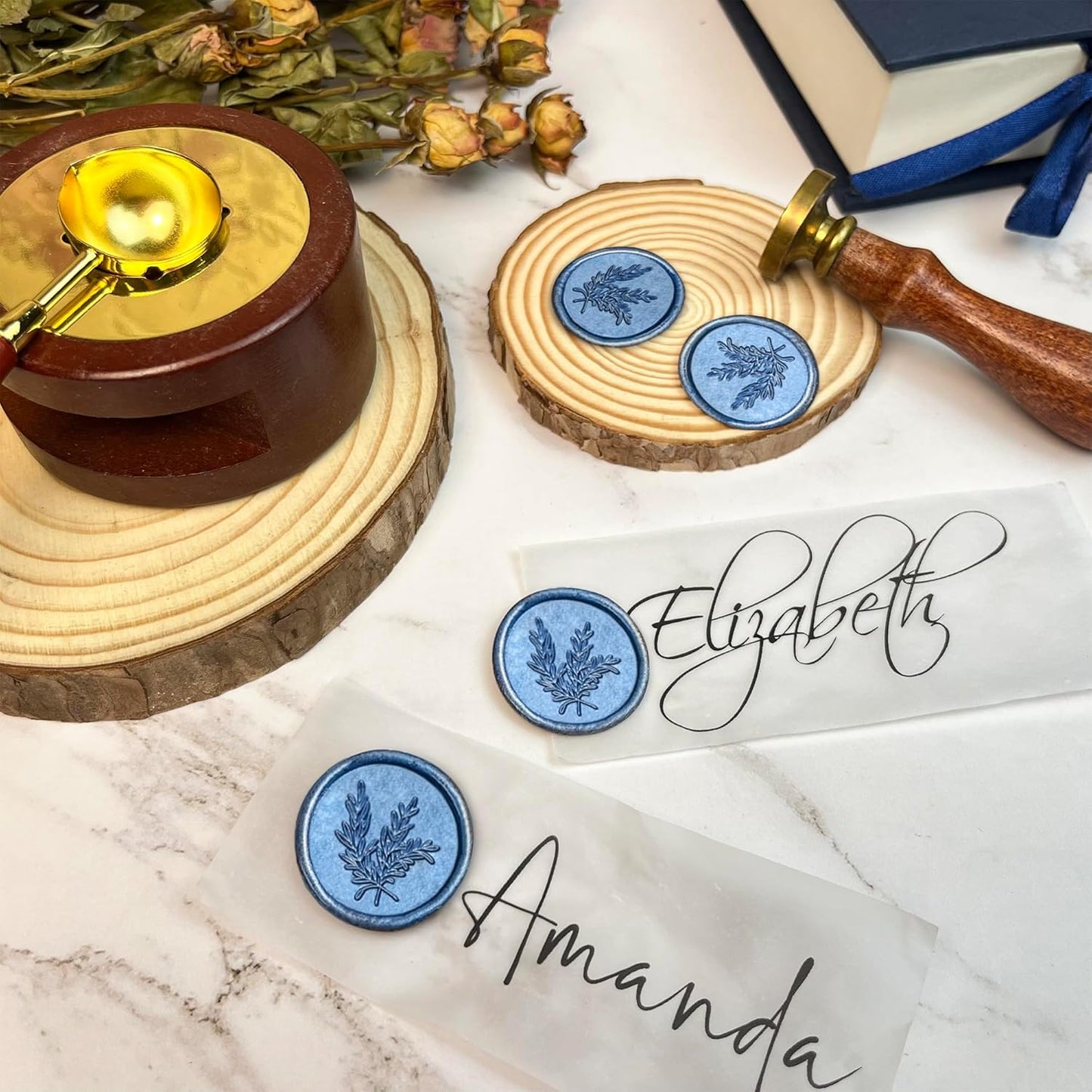 100Pcs Wax Seal Stickers Handmade Envelope Seals Self Adhesive Wax Stickers for Wedding Party Invitations, Envelope, Gift Wrap, Christmas(Rosemary Style, Blue)