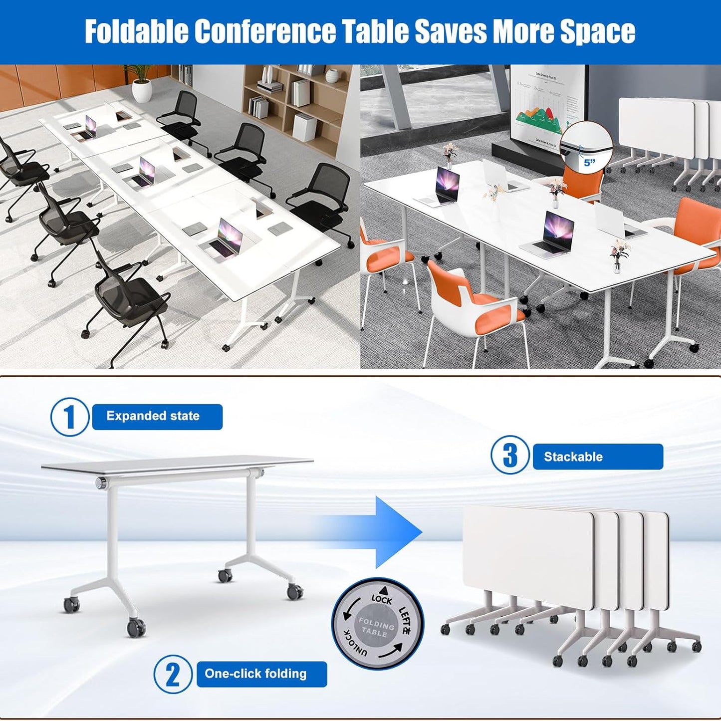 Conference Table, Folding Conference Desk Modern White, Seminar Table with Wheels, 2-10 People for Office, Meeting Break Room (2, 1915, 61IN)