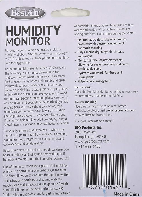 RPS PRODUCTS BestAir Analog Humidity Monitor & Temperature Gauge, Freestanding - Image 3