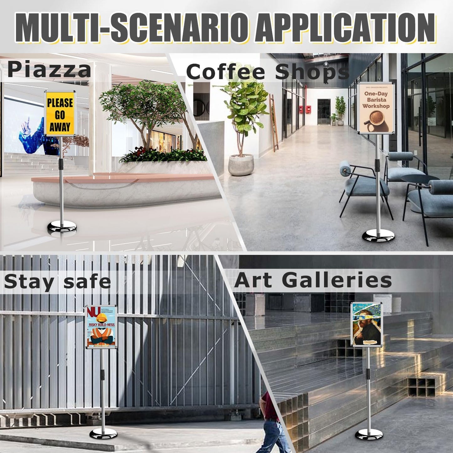 Adjustable Pedestal Poster Stand Holder - Standing Floor Sign Stand, 11x17 Inch Sign Stand Poster Frame Sign Holder for Vertical and Horizontal View, Outdoor Indoor Display, Silver (6 Pack)