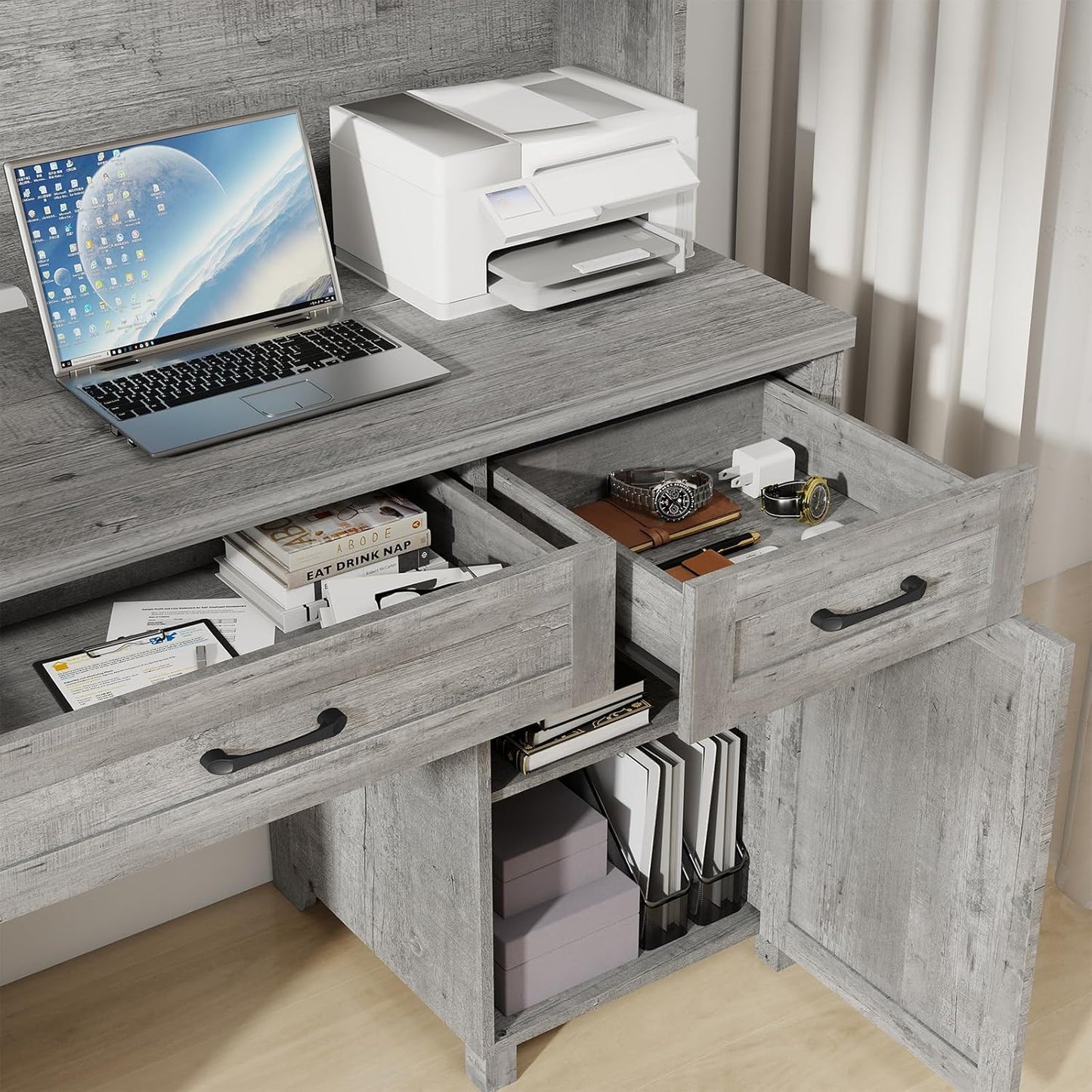 Farmhouse 67''H Executive Desk with Hutch & 5 Drawers, Rustic Office Desks Computer Desks with Charging Station, File Drawers and Storage Cabinets, Wood Workspace for Home Office & Study.(Grey).