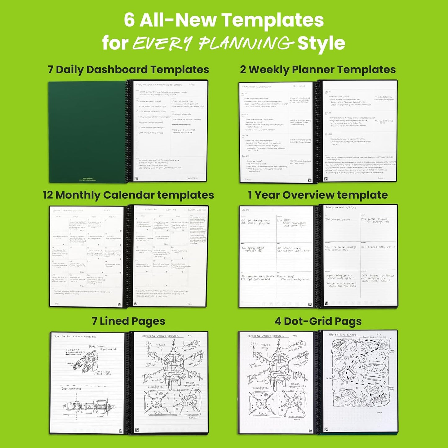Rocketbook Flex Planner, Reusable Undated Smart, Executive Size 6x8.8 in Green – Daily, Weekly, Monthly, Annual Calendar, Tasks, Goals, Scheduling, Productivity, App Connected, Erasable, Durable Cover