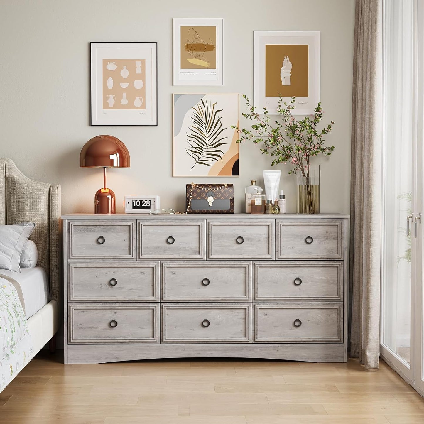 LGHM Modern Large 10 Drawer Dresser, Long Dressers for Bedroom, Chest of Drawers Closet Organizers and Storage Clothes - Textured Borders, 6" Deep Drawer for Living Room, Hallway, Gray