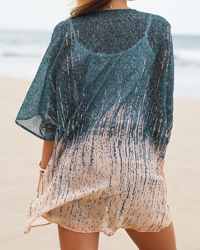 Women's Floral Print Puff Sleeve Kimono Cardigan Loose Cover Up Casual Blouse - Image 6